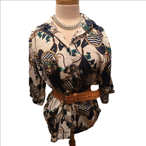 Vintage Baroque Chain Print Blouse Nautical Scarf Print Button Up Shirt